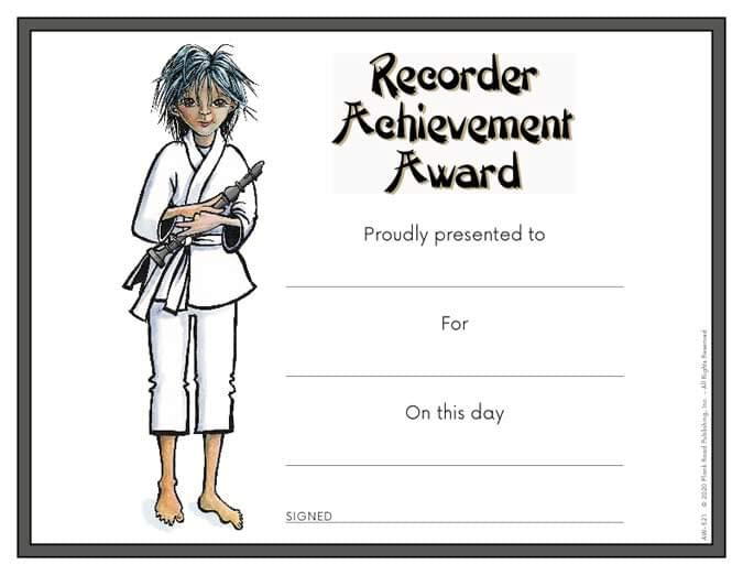 Recorder Achievement Award Certificate - Downloadable / Fillable Certificate